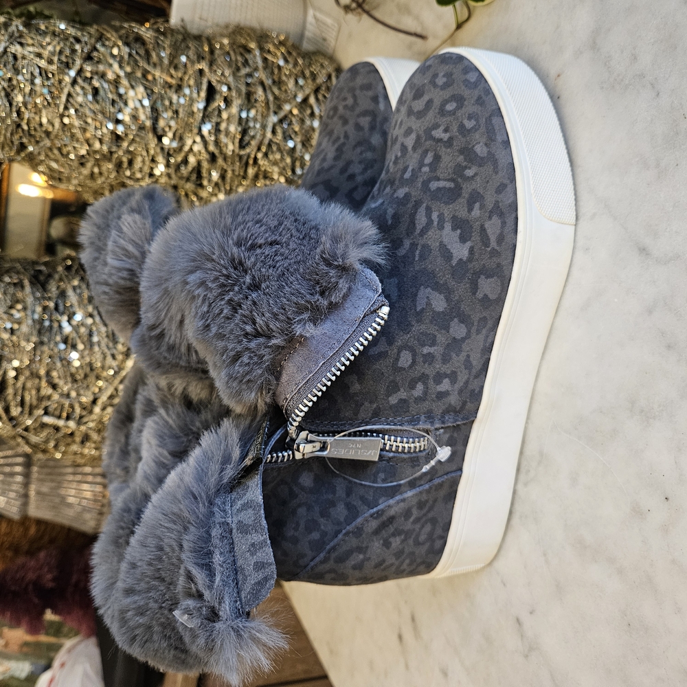 Gray Leopard Print Fur Lined Sneakers